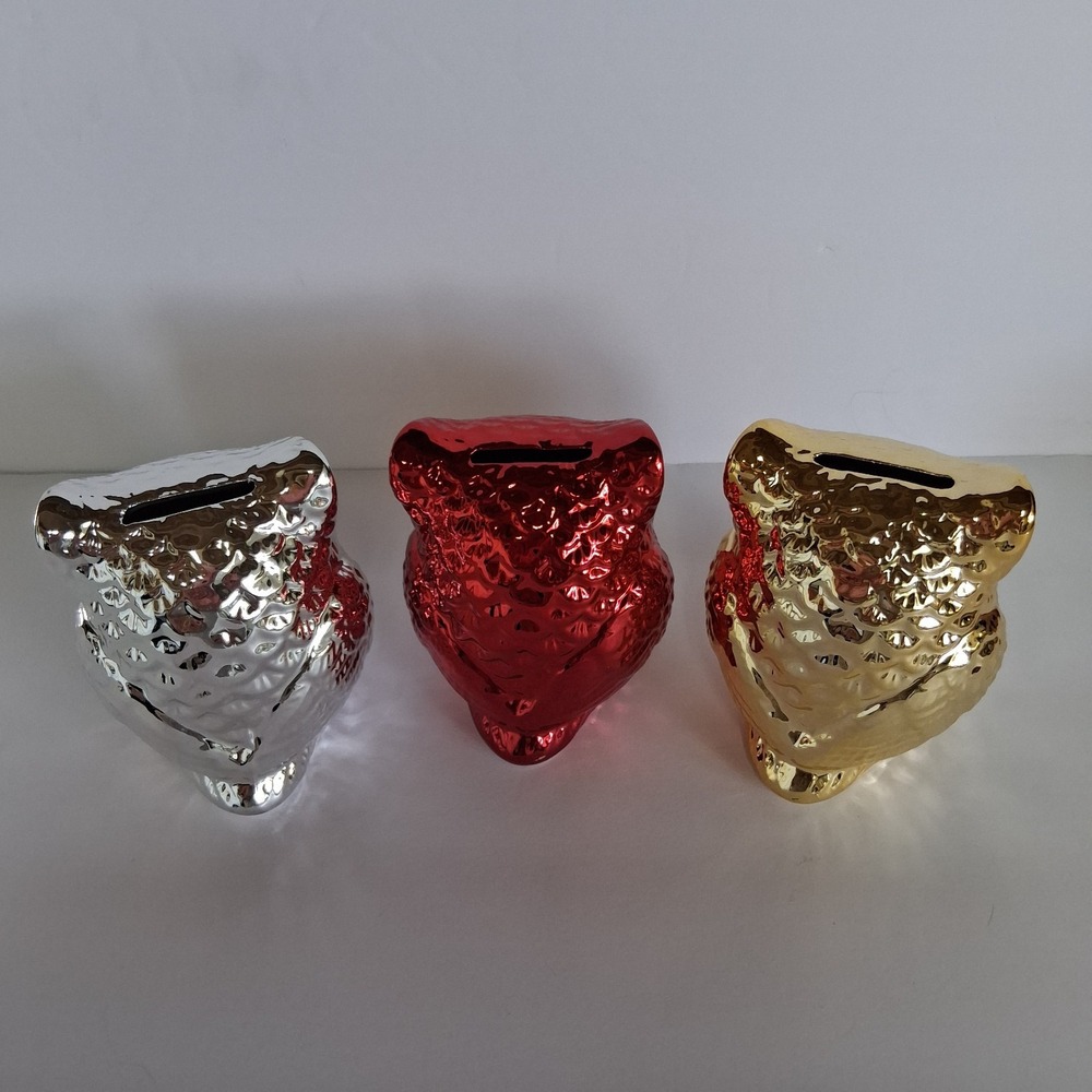 Set of 4 Metallic Owl Coin Banks Red Silver Gold Ceramic Greenbrier 4" - Picture 2 of 10